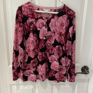 Garnet Hill 100% Merino wool cardigan sweater. Pink, black with some white